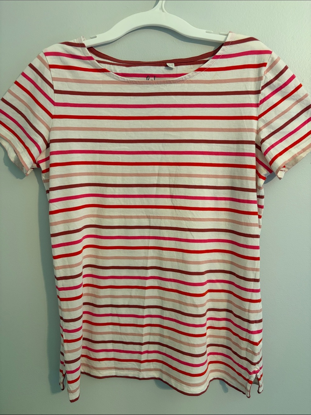Boden Short Sleeve Cotton Top with Red and Pink Stripes